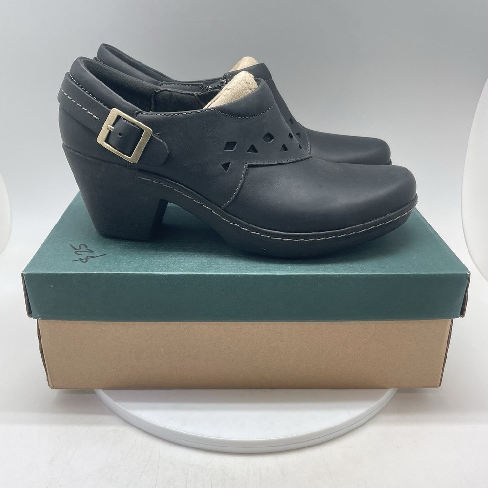 Clarks Shoes Womens 9 M‎ Black Leather Buckle Mules Slip On Heeled Side Zip New